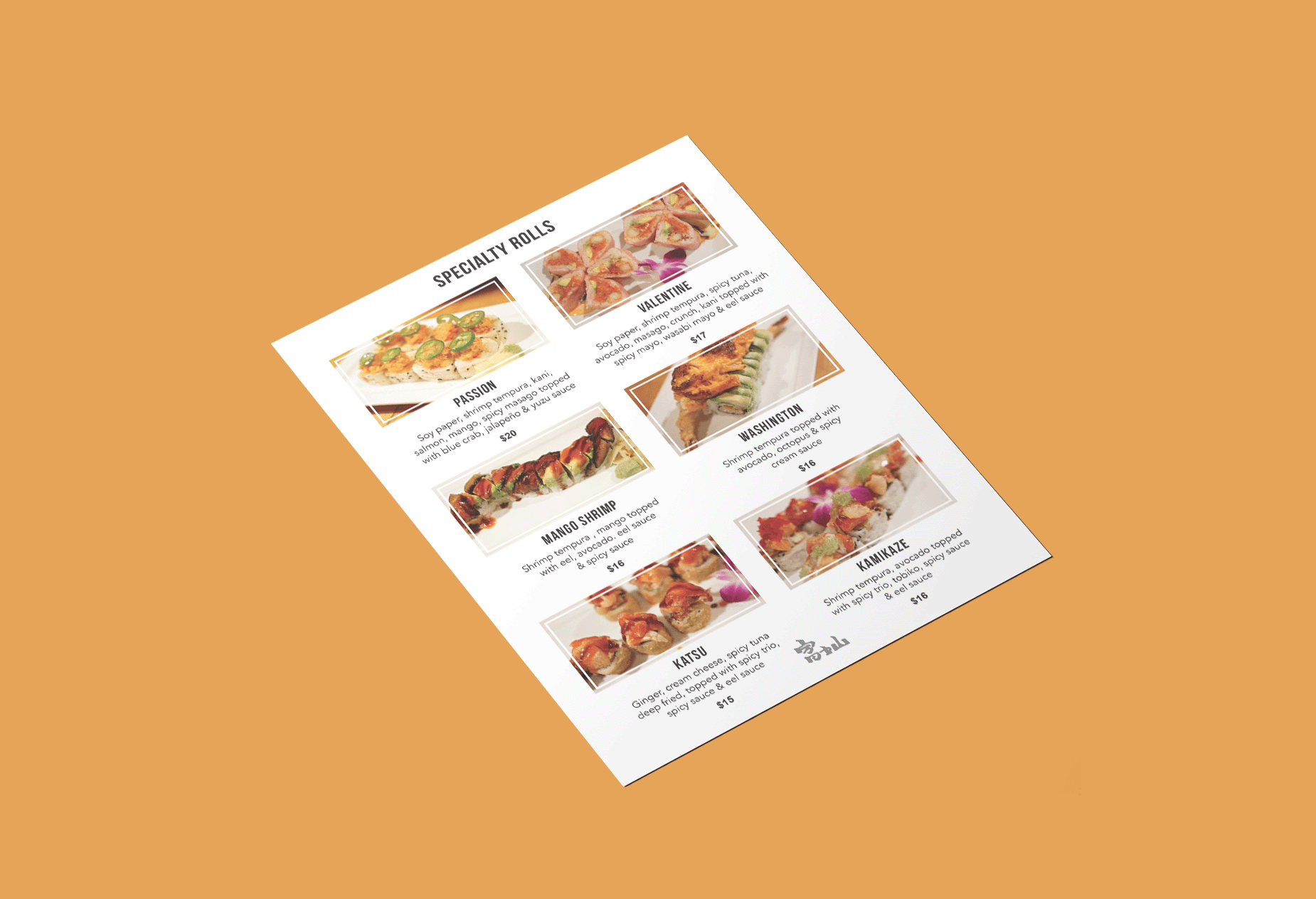 Design mock up of a japanese restaurant roll specials menu page
