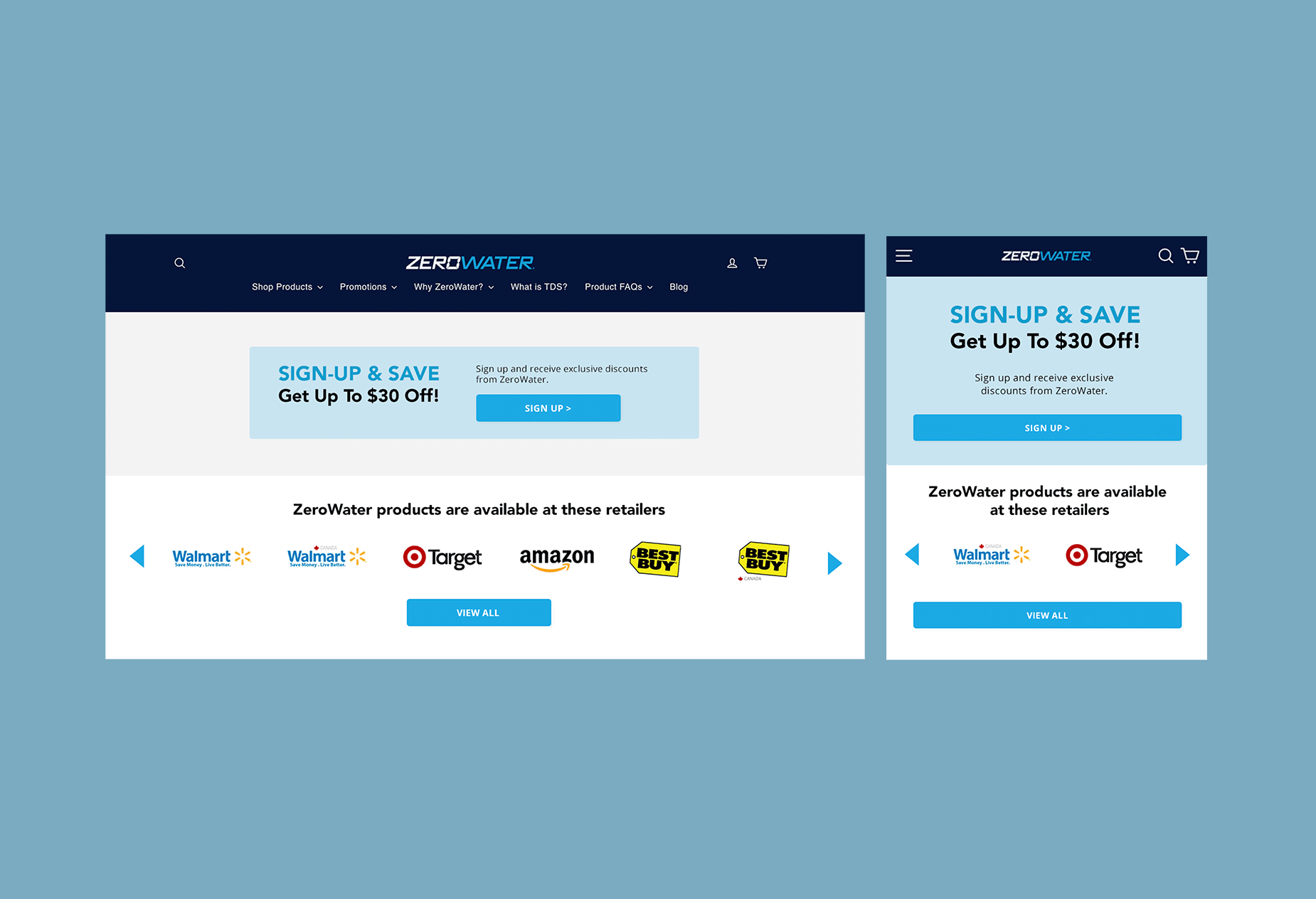 Design of a web page with an email sign-up module in desktop and mobile views